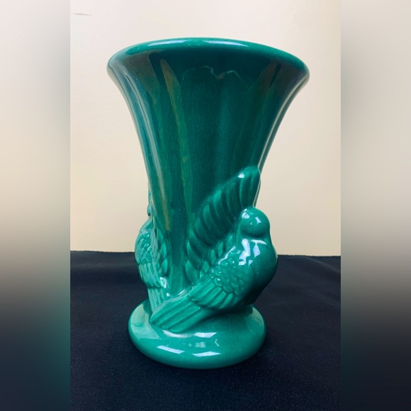 VTG 1940s Forest Green Lovebirds Vase Shawnee Pottery Art Deco - Picture 2 of 7